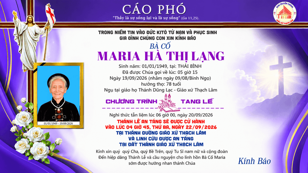 Cáo phó:  Bà Cố Maria Hà Thị Lạng – Thân mẫu của Thầy Đa Minh Hà Công Hiếu, OMI
